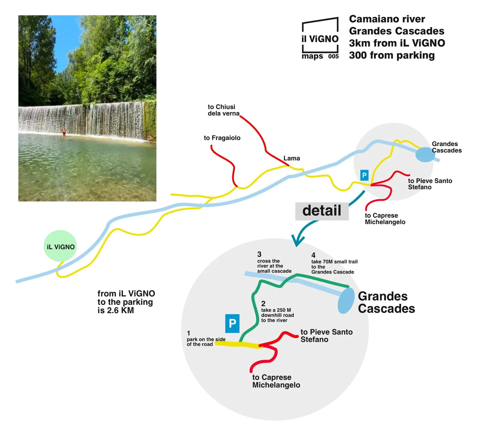 Map to the Grandes Cascades on the Camaiano river from Il Vigno